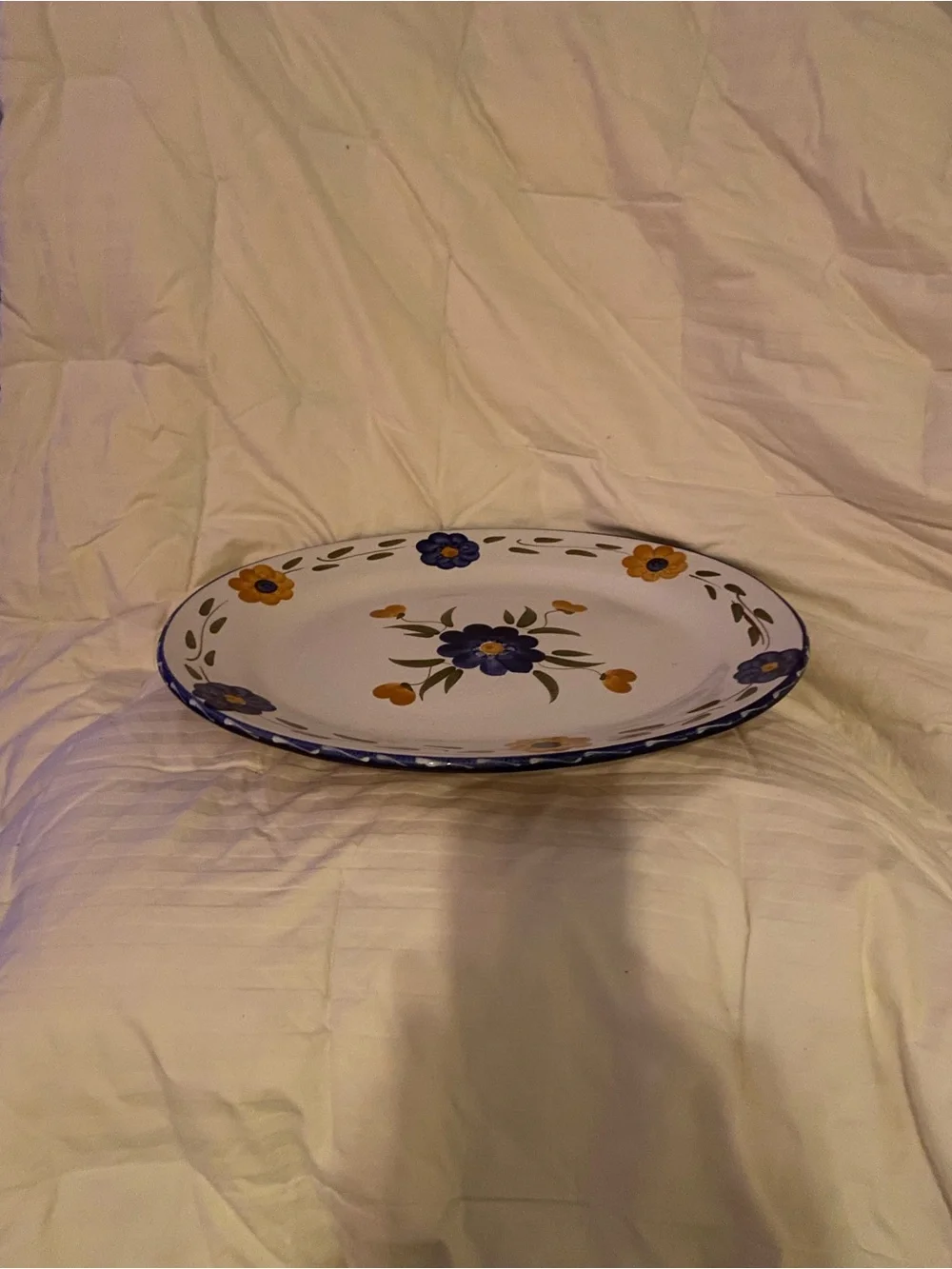 Vintage Furio Made in Italy Ceramic Floral Large 16”x13” Platter, White & Blue.